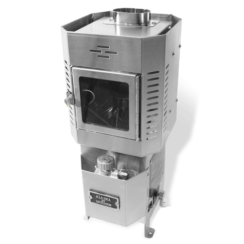 Dickinson Alaska floor-mounted diesel heater for boats, featuring a stainless steel finish and a large viewing window, isolated on a white background.