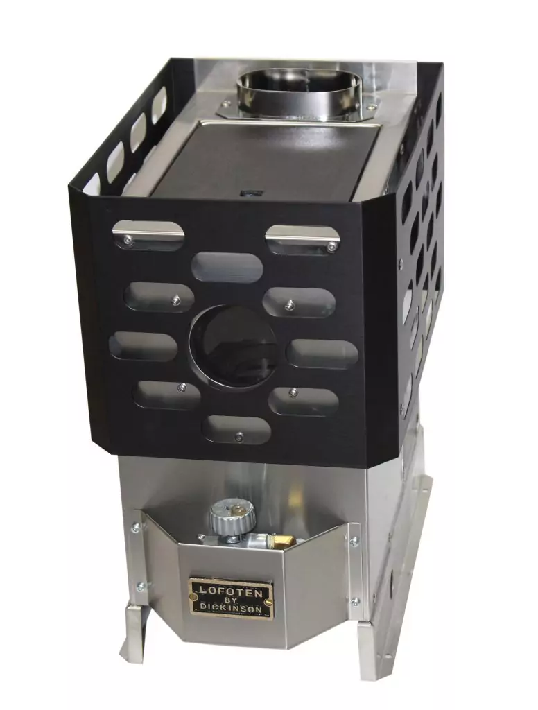 Lofoten diesel floor-mounted boat stove on a white background. Features a stainless steel body, large cast-iron cooktop, and a viewing window for the vaporizing burner.