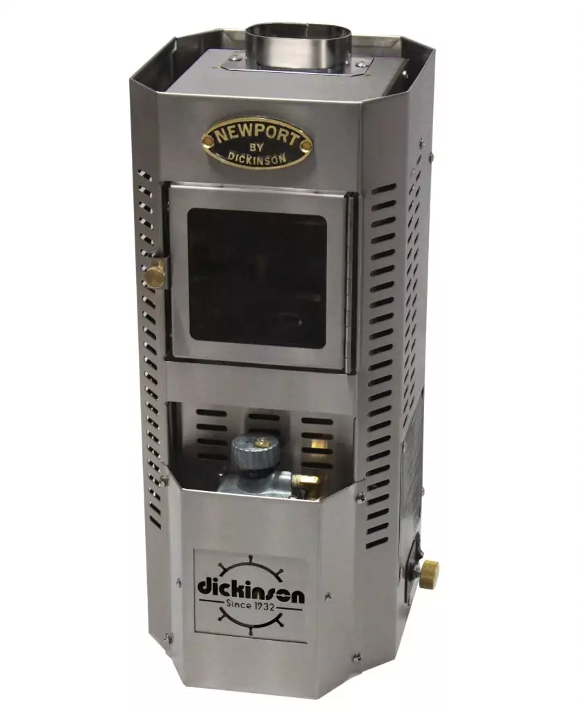 Dickinson Newport wall-mounted diesel boat stove on a white background. A compact, stainless steel marine heater featuring a large viewing window and 16,250 BTU heat output.
