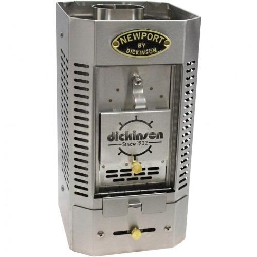Dickinson Newport Solid Fuel boat stove on a white background. A compact, wall-mounted marine heater made of stainless steel, designed for burning wood, charcoal, or briquettes.
