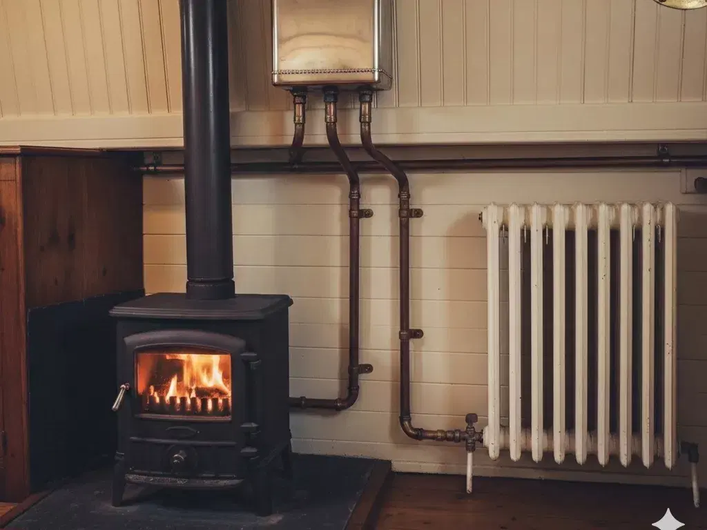A professional marine back boiler installation on a boat stove, featuring neat copper plumbing leading to a radiator and a high-mounted stainless steel header tank.