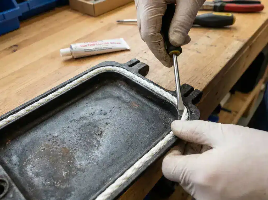 Professional marine engineer replacing the fiberglass door rope seal on a Morso Squirrel boat stove