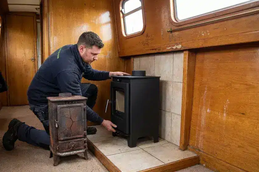 Professional installation of a new Ecodesign boat stove replacing an old, inefficient unit