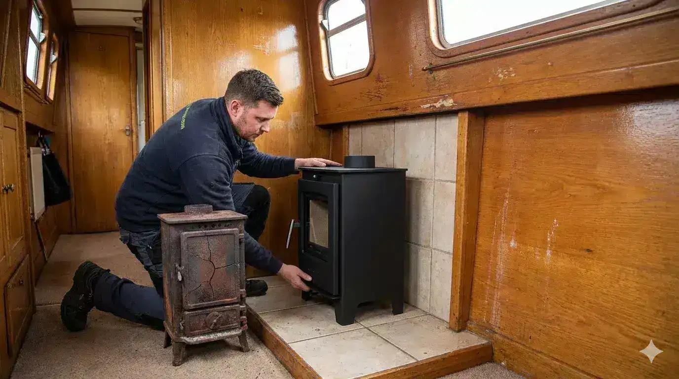 Professional installation of a new Ecodesign boat stove replacing an old, inefficient unit