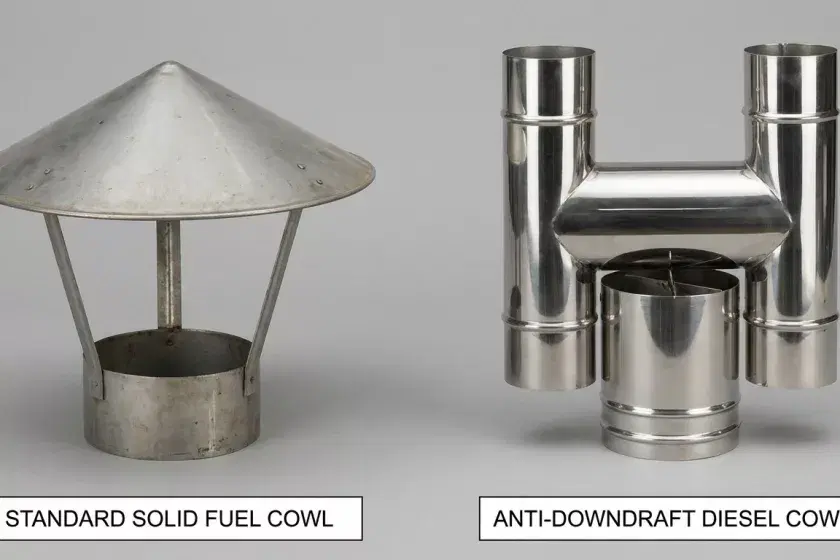 A side-by-side comparison of a standard solid fuel Chinese hat cowl and a stainless steel anti-downdraft H-cowl for diesel stoves