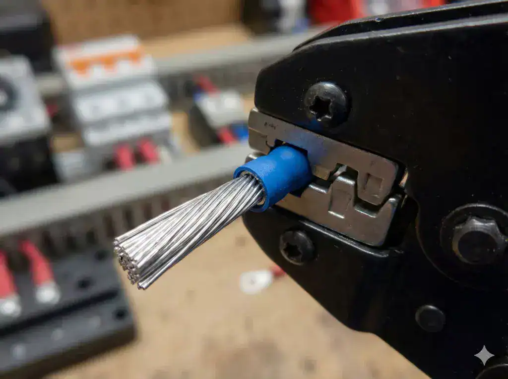 Close-up of a professional ratchet crimping tool applying a blue insulated terminal to multi-strand tinned copper marine wire, showing the individual silver-coated strands.