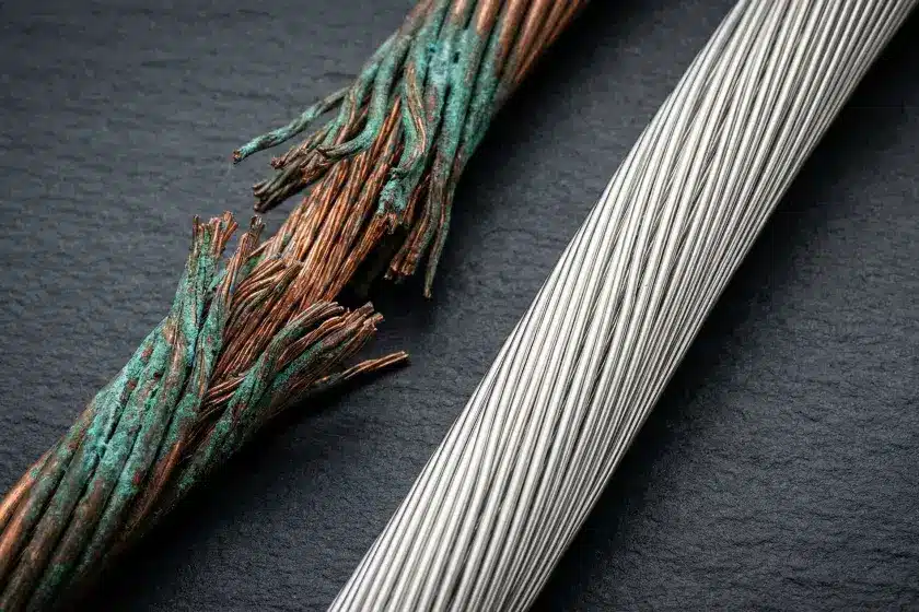 A side-by-side technical comparison showing a corroded green bare copper wire and a clean, silver-coloured multi-strand tinned marine wire.