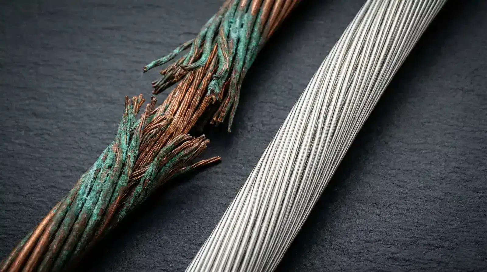 A side-by-side technical comparison showing a corroded green bare copper wire and a clean, silver-coloured multi-strand tinned marine wire.