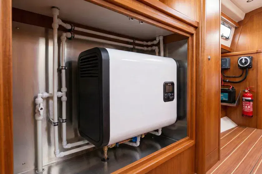 A professional installation of a marine LPG boiler in a boat's utility space, featuring neat white plastic piping and secure mounting for a 2026 buyer guide.