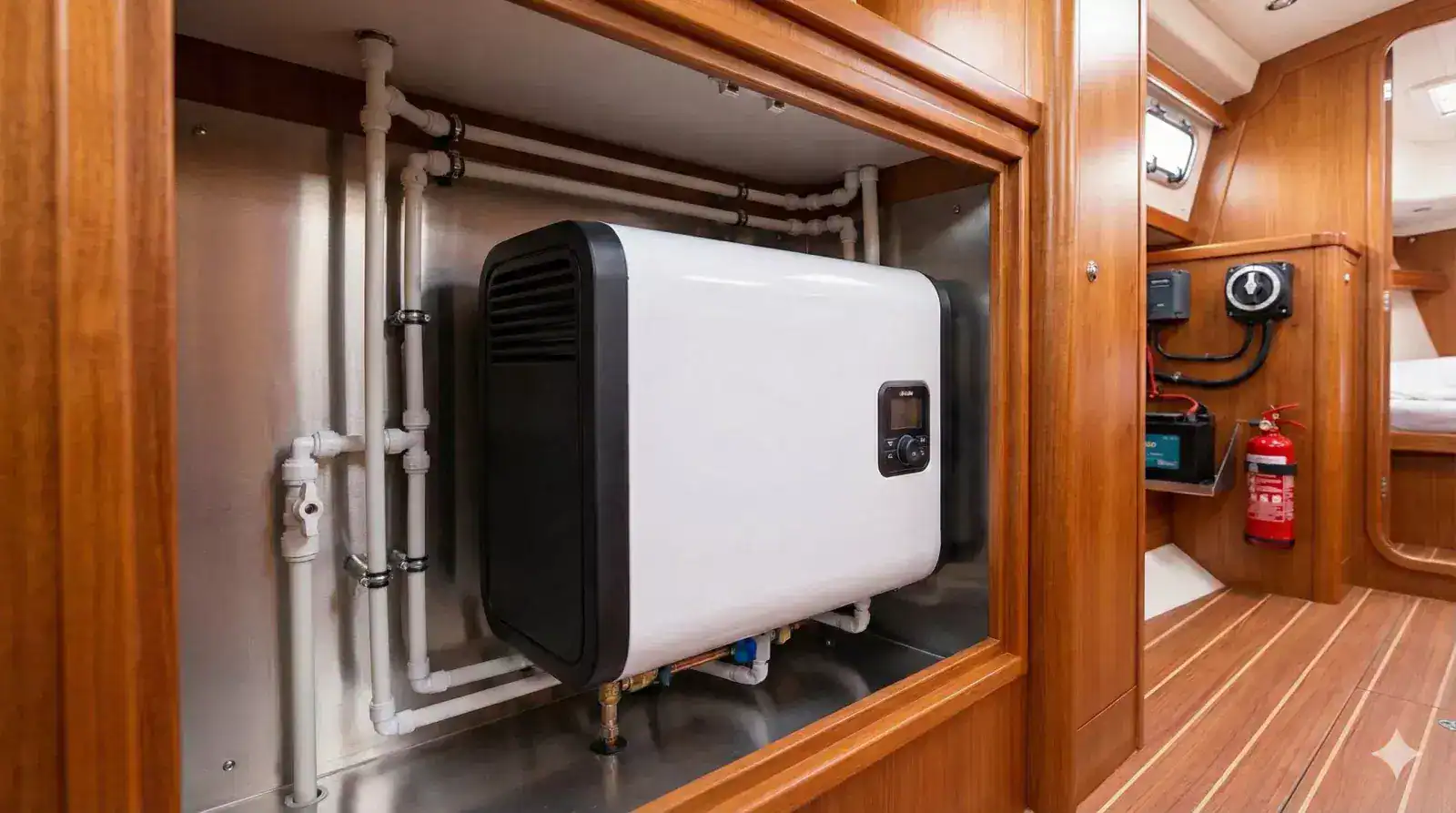 A professional installation of a marine LPG boiler in a boat's utility space, featuring neat white plastic piping and secure mounting for a 2026 buyer guide.