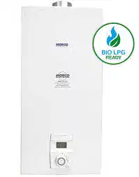 A Morco instantaneous marine LPG water heater featuring a white exterior and manual control knobs, professionally installed on a boat