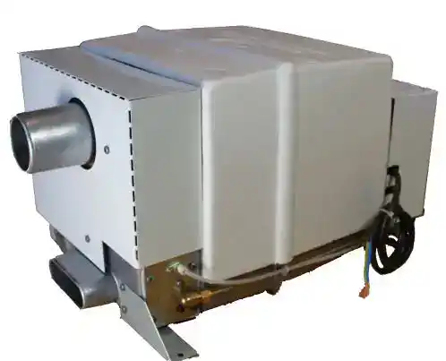 A Propex Malaga 5 marine LPG water heater unit showing its compact storage tank, external flue outlet, and gas connection points