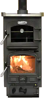 Solid fuel Bubble 4B Pie Pod multi-fuel boat stove with integrated oven and brass fiddle rail on a white background.