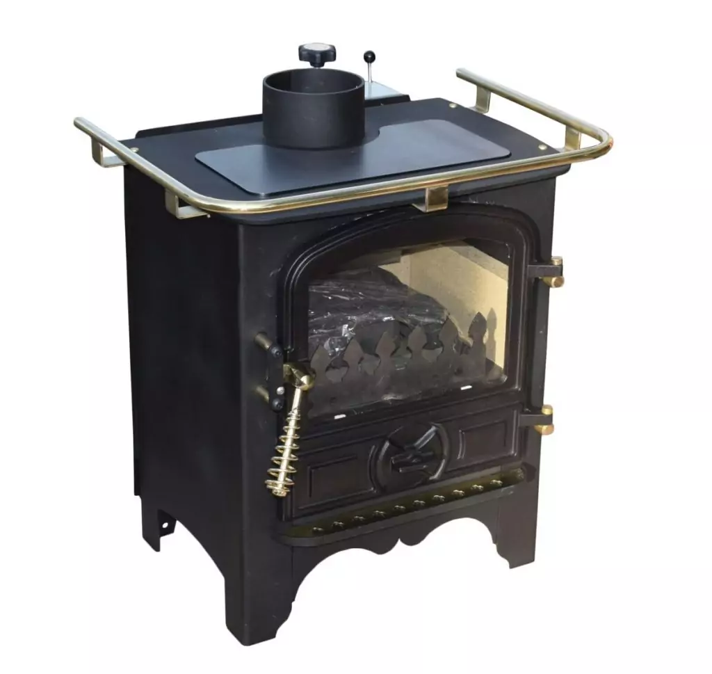 Bubble B1 Half Pod diesel boat stove with brass fittings and fiddle rail on a white background.
