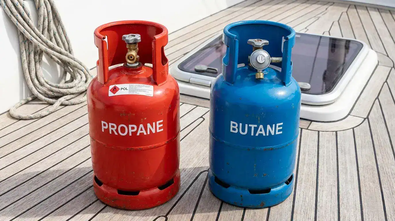 A side-by-side comparison of a red propane gas cylinder and a blue butane cylinder in a professional marine gas locker, highlighting fuel choices for 2026.