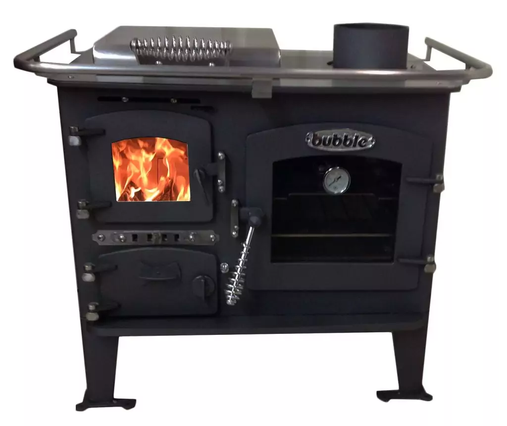Bubble Solid Fuel Back Cabin Cooker with integrated oven, hotplate, and brass fiddle rail.