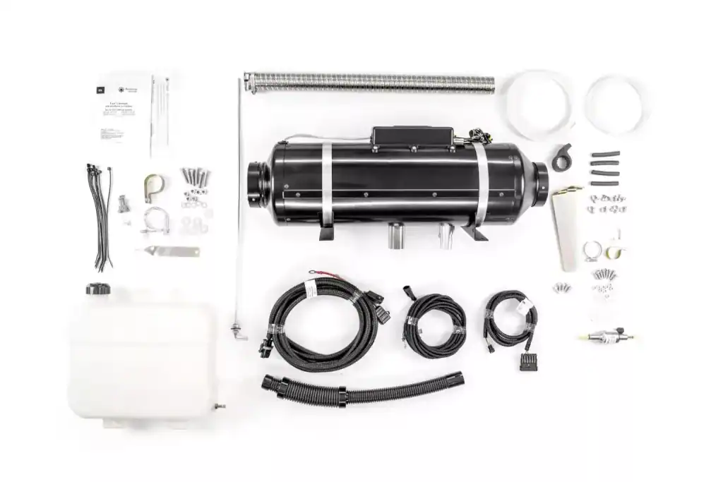 A complete Autoterm 9D diesel air heater kit for boats, showing the 8kW heater unit, fuel pump, wiring harness, and installation hardware.
