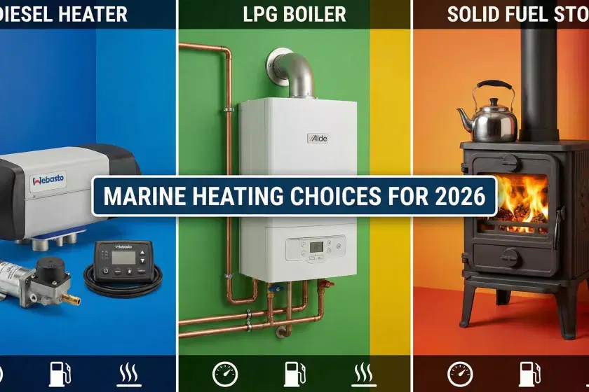 A 16:9 professional collage comparing a marine diesel heater kit, an LPG boiler installation, and a traditional solid fuel stove for the 2026 guide