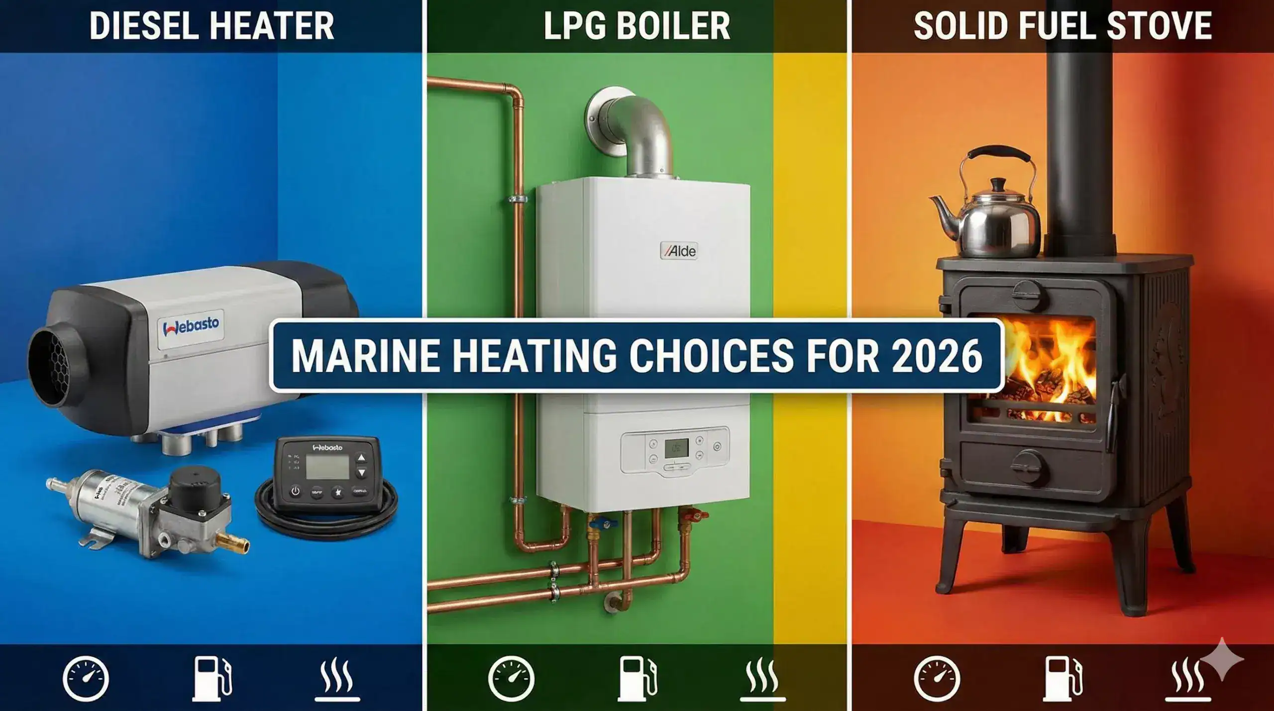 A 16:9 professional collage comparing a marine diesel heater kit, an LPG boiler installation, and a traditional solid fuel stove for the 2026 guide