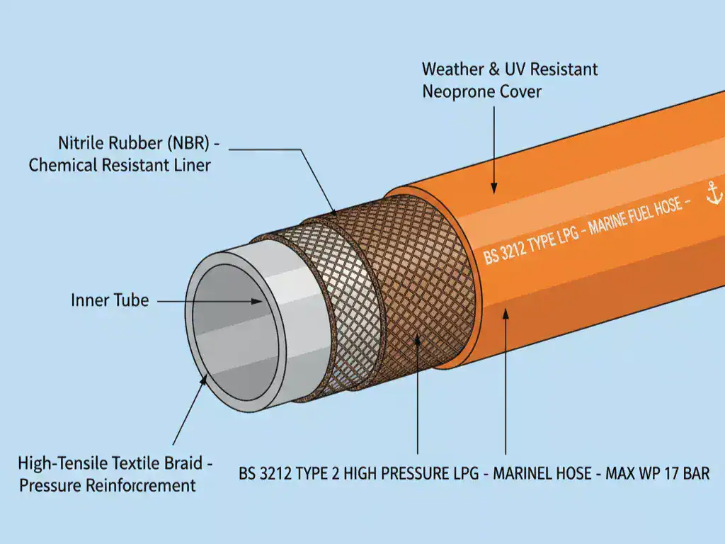 A 4:3 technical diagram showing the internal layers of a BS 3212 Type 2 high-pressure LPG hose, including the nitrile inner tube, textile reinforcement, and protective outer cover.