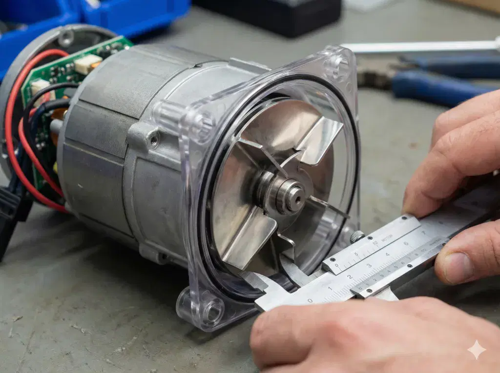 A technical close-up shot of a marine electric macerator pump unit, showing the internal stainless steel blades and centrifugal impeller housing used to emulsify waste for holding tank storage.