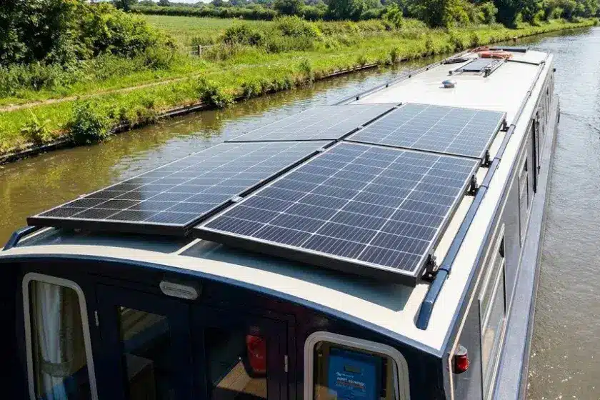 A drone shot of a narrowboat on a sunny canal featuring a professional installation of four rigid monocrystalline solar panels mounted on the roof with tilt-adjustable brackets.