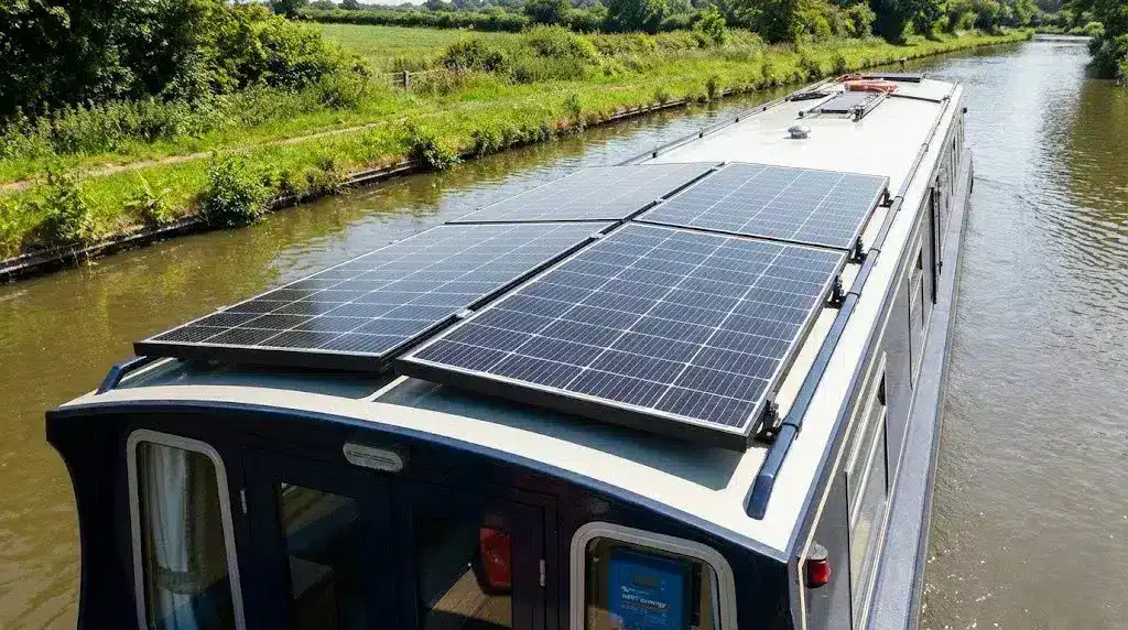 A drone shot of a narrowboat on a sunny canal featuring a professional installation of four rigid monocrystalline solar panels mounted on the roof with tilt-adjustable brackets.