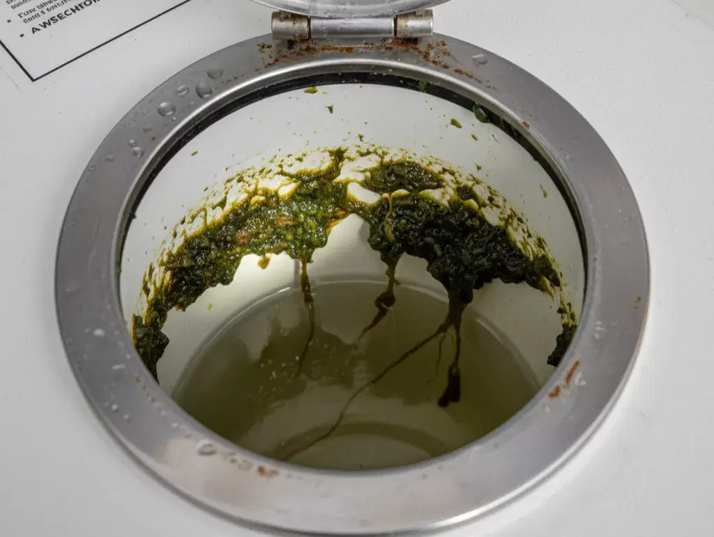 A close-up shot of an open marine water tank inspection hatch showing a thick, slimy, pale-gray biofilm and scale build-up on the internal tank walls and surface of the water before treatment.