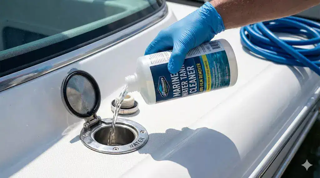 A photo of a boat owner wearing protective gloves while pouring a measured dose of non-chlorine water tank cleaner into a stainless steel deck-mounted freshwater fill point on a narrowboat.