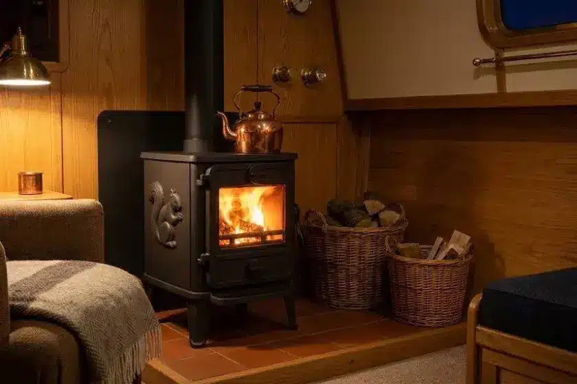 A professional installation of a Morso Squirrel solid fuel stove in a narrowboat cabin, showing the cast-iron body, hearth, and twin-wall flue.