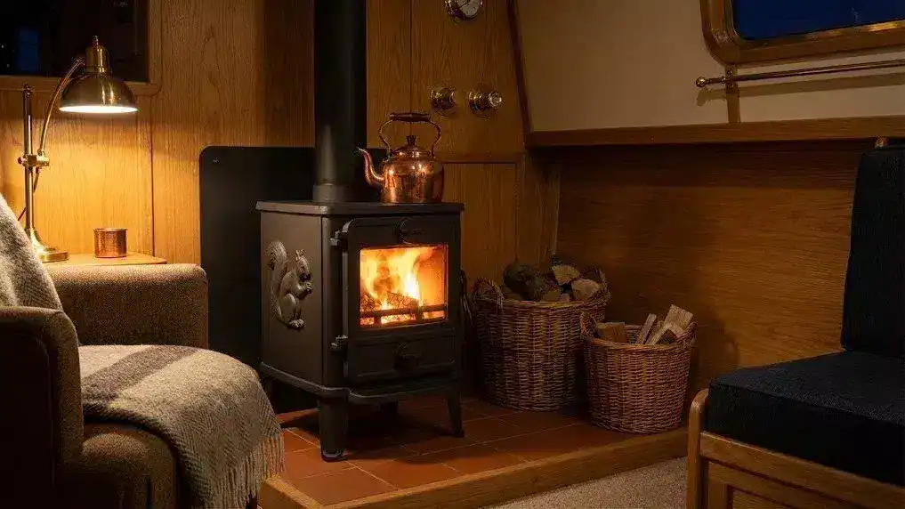 A professional installation of a Morso Squirrel solid fuel stove in a narrowboat cabin, showing the cast-iron body, hearth, and twin-wall flue.
