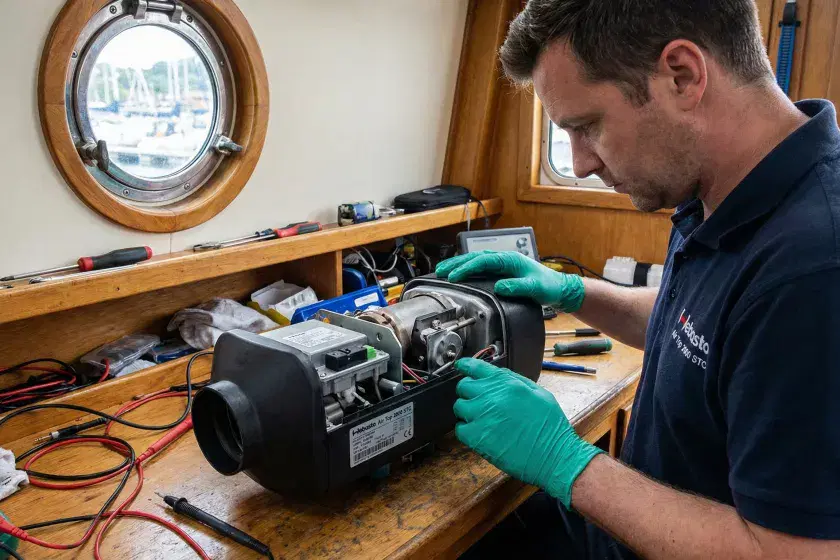 A professional technical photo of a marine heating specialist inspecting the internal burner and ECU components of a Webasto Air Top 2000 STC on a boat workbench.