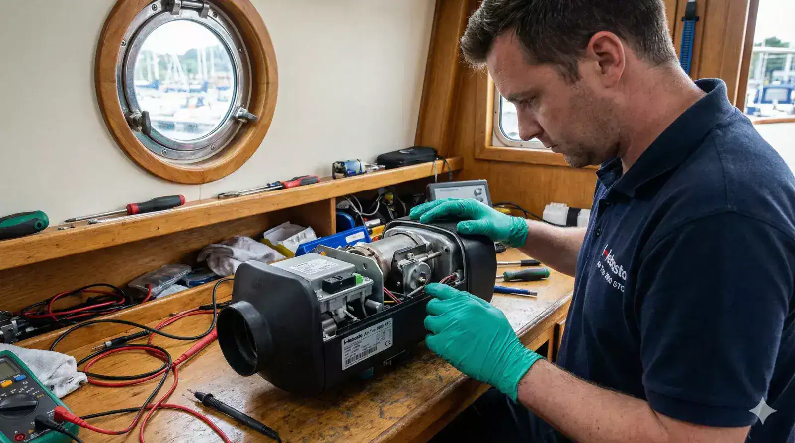 A professional technical photo of a marine heating specialist inspecting the internal burner and ECU components of a Webasto Air Top 2000 STC on a boat workbench.