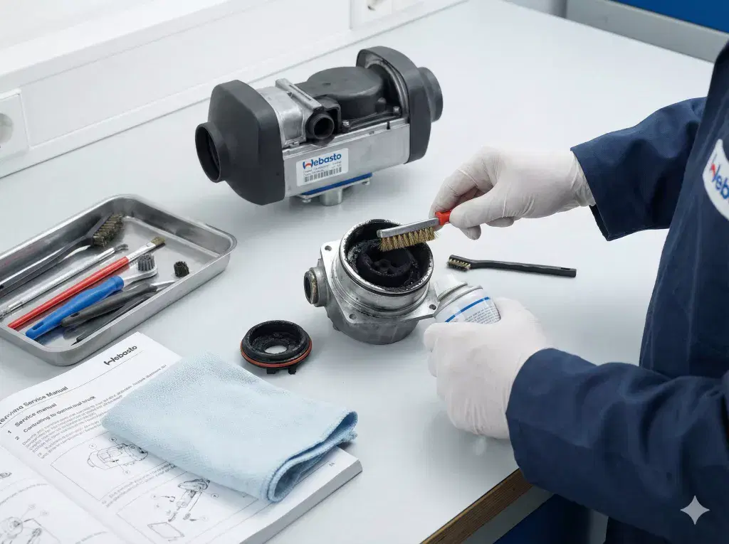 A technical shot of a Webasto heater burner unit undergoing professional de-carbonisation on a clean marine engineering workbench.