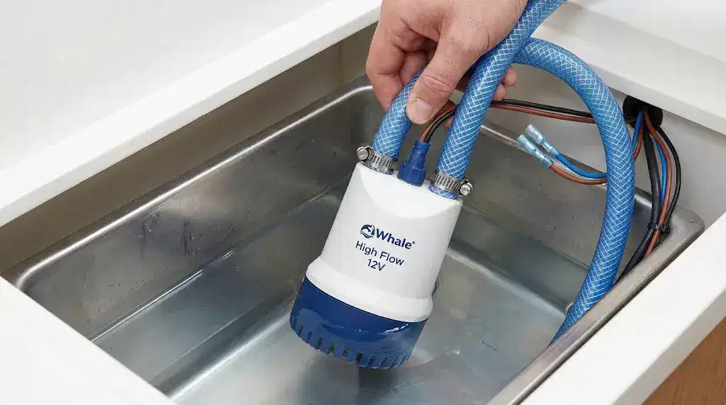 A professional 16:9 photo of a Whale High Flow 12V submersible pump being lowered into a narrowboat freshwater tank with blue reinforced hosing and electrical connections.