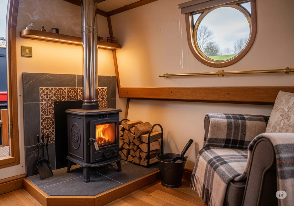 A solid fuel boat stove in need of maintenance