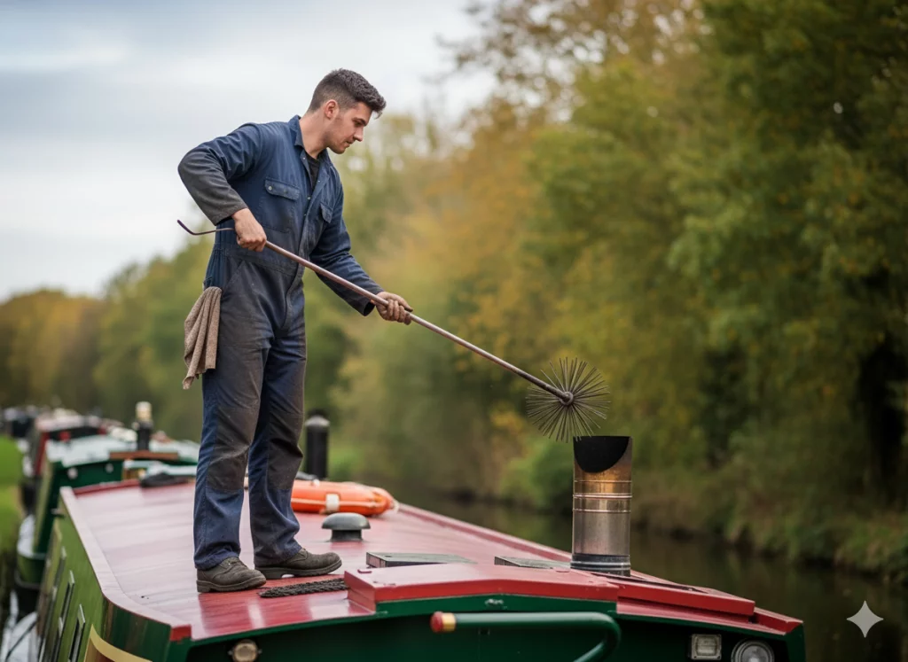 An Engineer standing on a Canal Boat Roof sweeping a Stove Flue