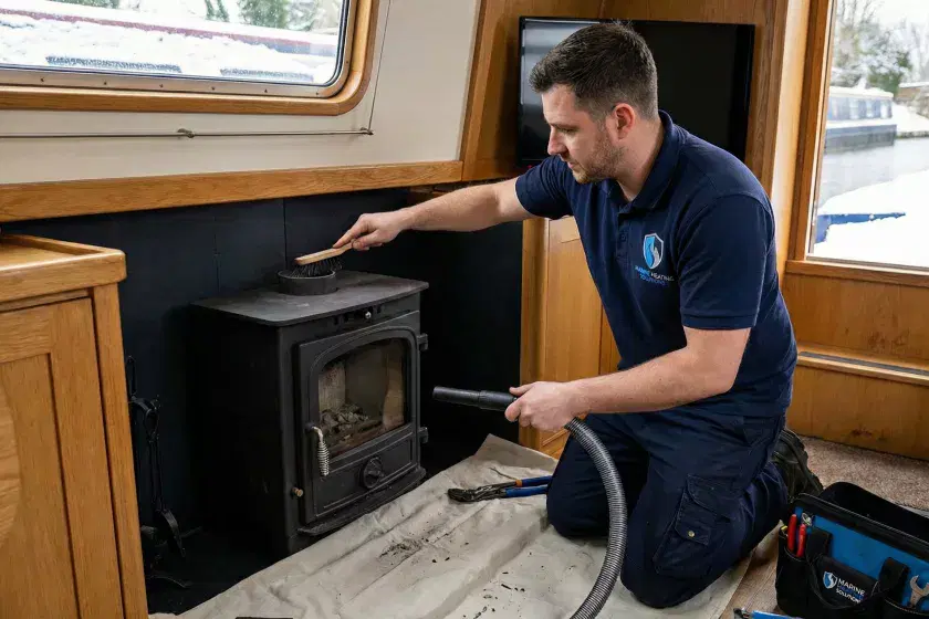 A wide-angle photo of a Marine Heating Solutions service van on a canal towpath next to a narrowboat, showcasing professional winter stove maintenance.