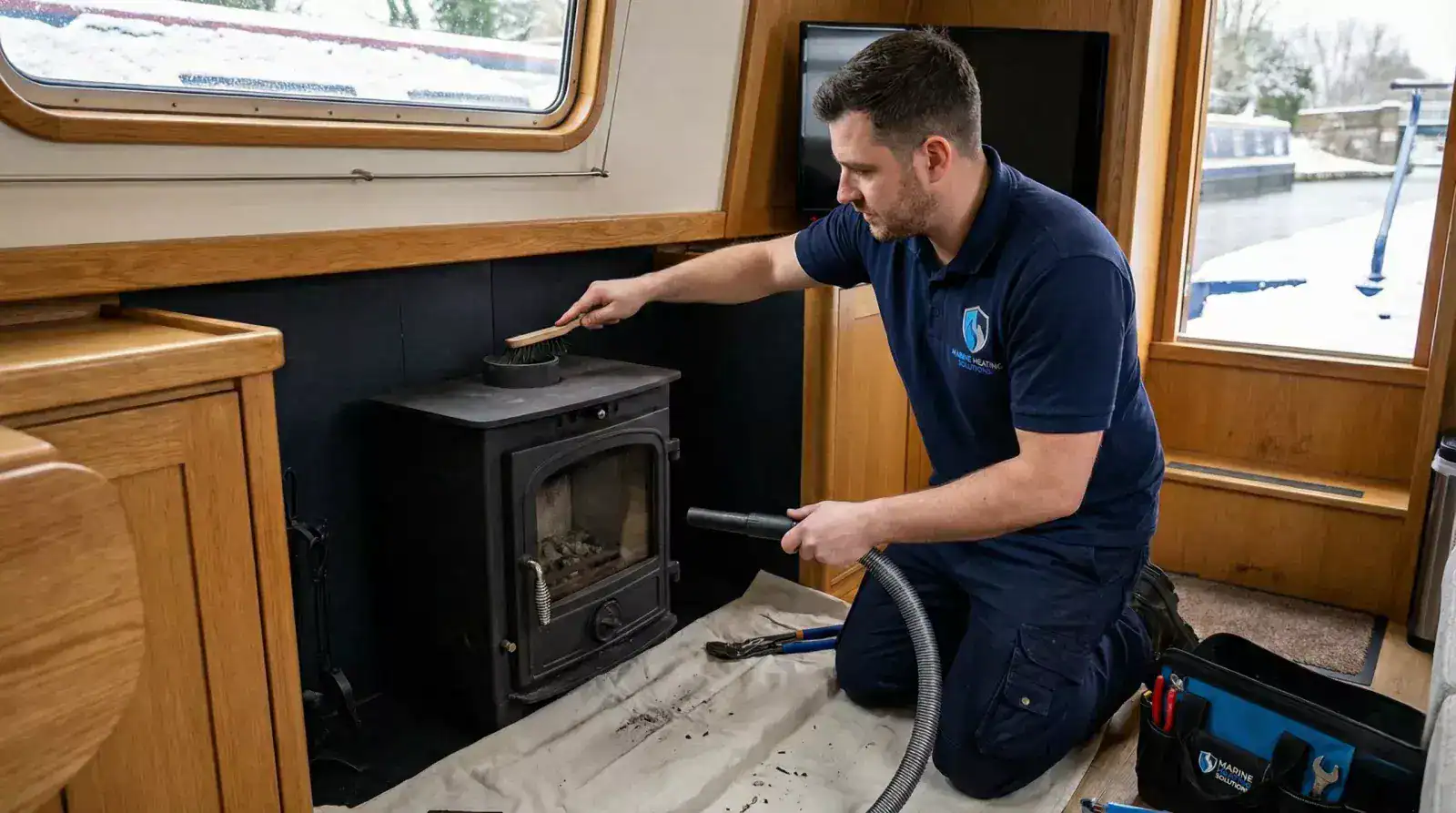 A wide-angle photo of a Marine Heating Solutions service van on a canal towpath next to a narrowboat, showcasing professional winter stove maintenance.