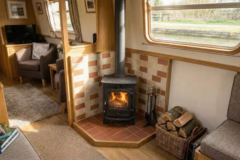 A classic narrowboat wood burning stove installed in a corner hearth with decorative tiled heat shielding and a black flue.