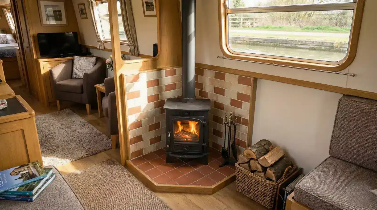A classic narrowboat wood burning stove installed in a corner hearth with decorative tiled heat shielding and a black flue.