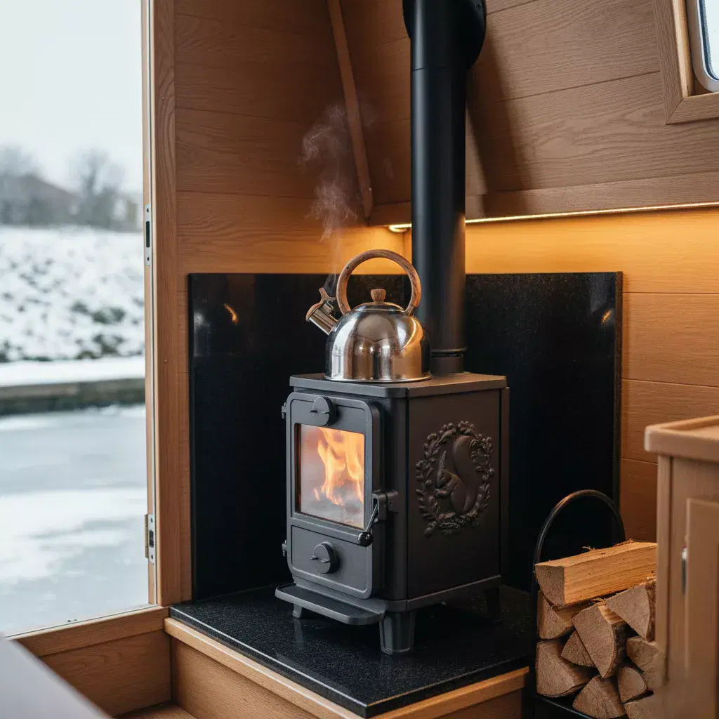 A professional installation of a compact cast-iron wood burning stove in a narrowboat corner, featuring a secure top flue connection and a traditional kettle on the hotplate.