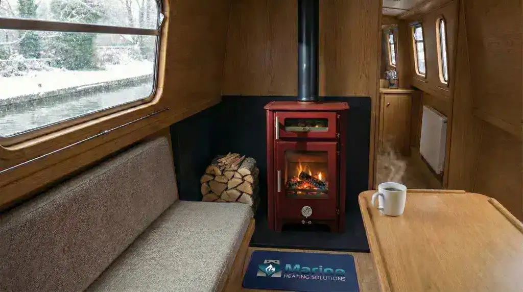 A red Chilli Penguin - Fat Penguin wood burning stove with an integrated oven installed on a narrowboat, featuring a professional hearth and a view of a snowy canal.
