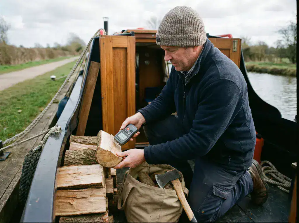 A person using a digital moisture meter to check a log of firewood, ensuring it is below 20% moisture for a clean burn on a boat stove.