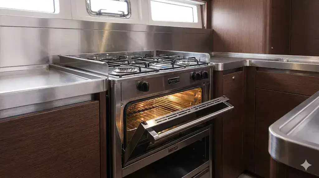 A 16:9 professional shot of a stainless steel Force 10 marine gas cooker featuring a unique slide-away oven door, installed in a modern yacht galley with high-end finishes.