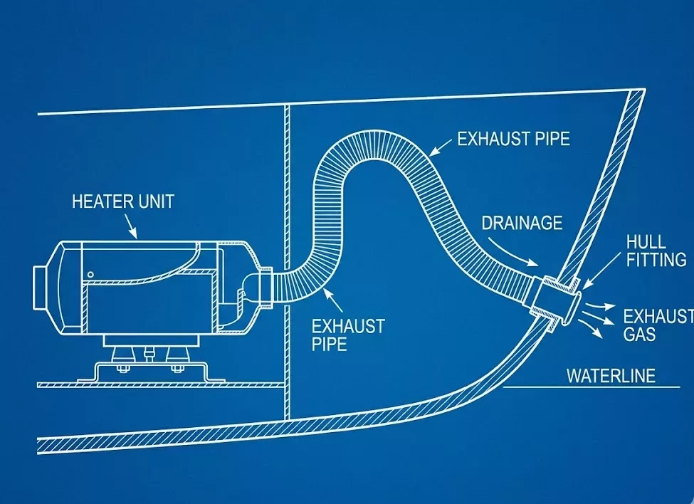 A technical line drawing of a marine diesel heater installation showing the correct S-curve exhaust routing to prevent water ingress and ensure BSS compliance.