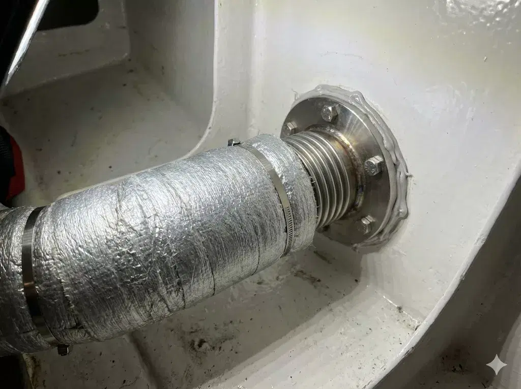 A close-up technical shot of a marine diesel heater exhaust skin fitting with silver heat-resistant lagging and stainless steel clamps, installed to BSS standards.