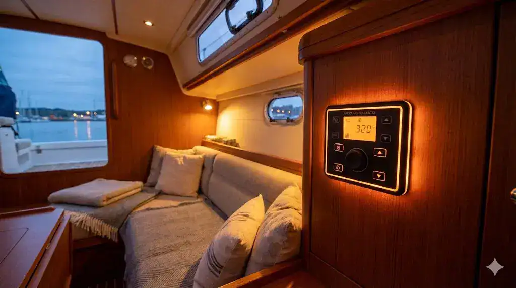 A cozy yacht saloon interior with a glowing digital diesel heater controller on the bulkhead, highlighting professional marine heating installation.