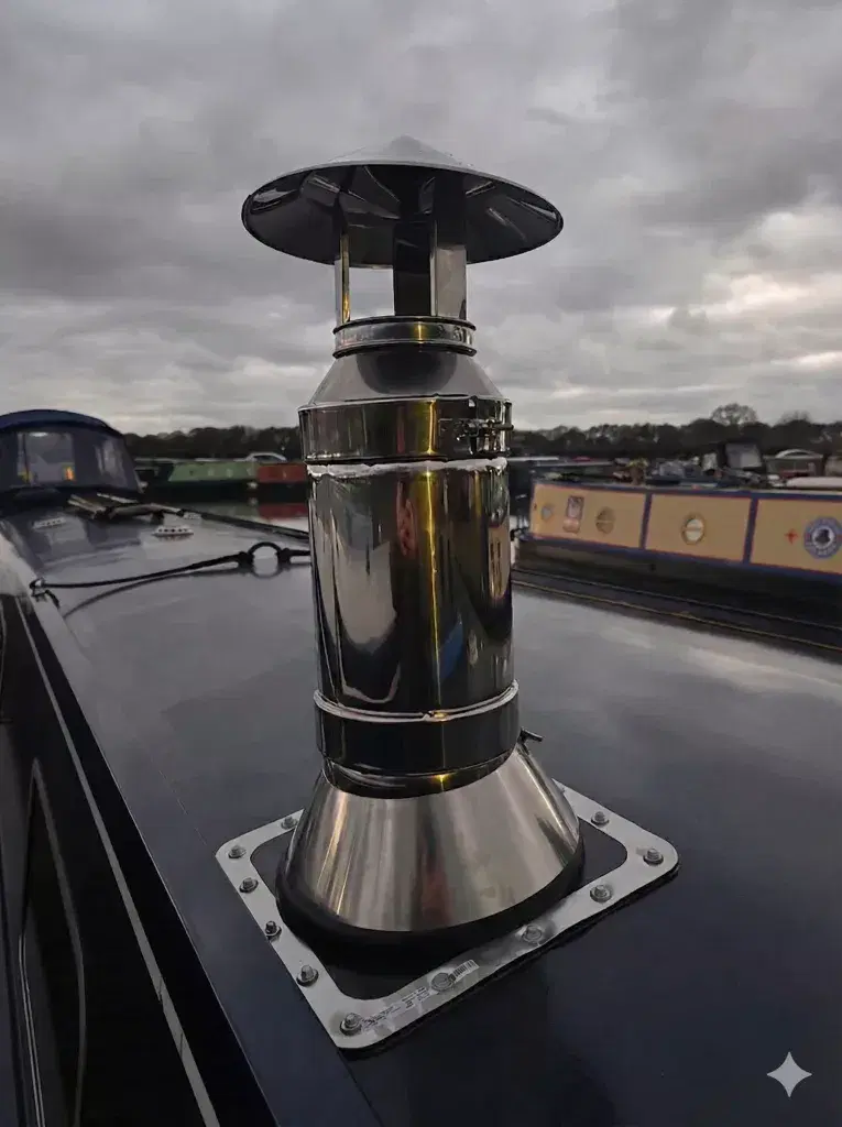 A close-up of a stainless steel twin-wall insulated flue passing through a narrowboat roof with a professional waterproof deck seal.