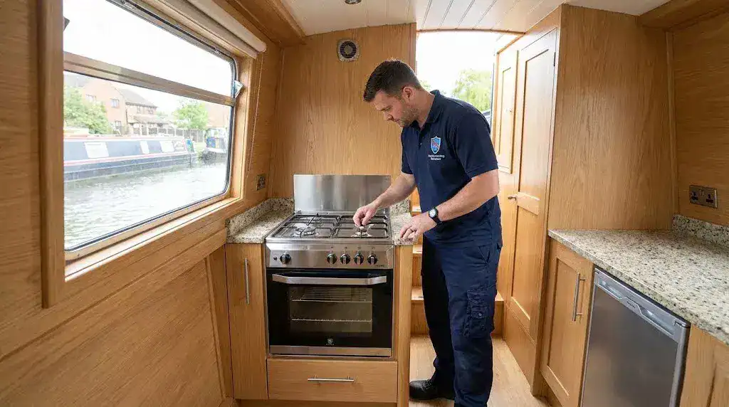 A 16:9 wide-angle photograph of a modern narrowboat galley featuring a Marine Heating Solutions engineer in a branded polo shirt installing a stainless steel LPG gas oven.